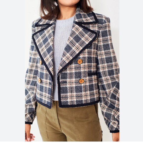 EUC Veronica Beard Aise Double Breasted Plaid Tweed Jacket Ink Multi Size 12 - Picture 3 of 10